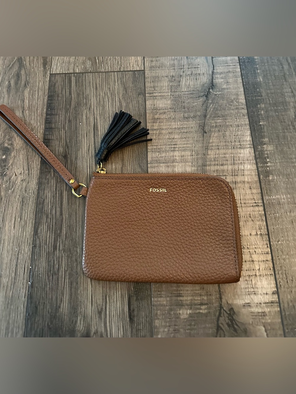 Fossil Tara Wristlet Brown Pebbled Leather Gold Embossed Logo Tassel 6" x 4"